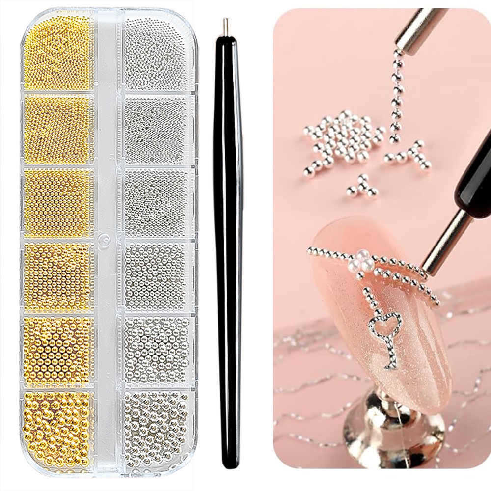 Nail Art Valentines Day - Mini perles de Caviar or/argent à